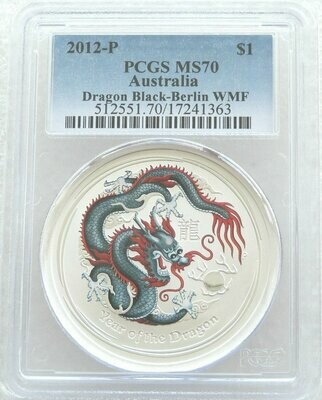 2012-P Australia Lunar Dragon Black $1 Silver 1oz Coin PCGS MS70