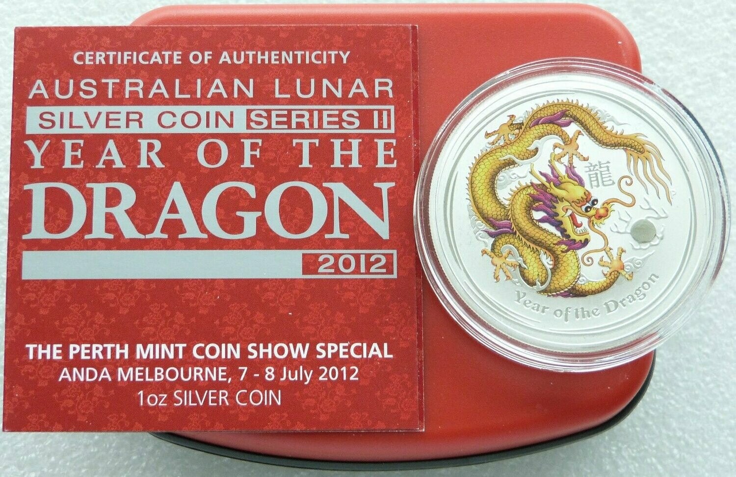 2012-P Australia Lunar Dragon ANDA Yellow $1 Silver 1oz Coin Box Coa