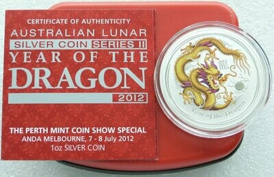 2012-P Australia Lunar Dragon Yellow $1 Silver 1oz Coin Box Coa