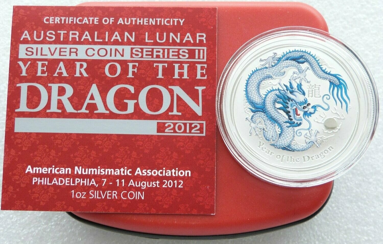 2012-P Australia Lunar Dragon ANA White $1 Silver 1oz Coin Box Coa