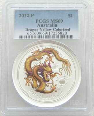 2012-P Australia Lunar Dragon Yellow $1 Silver 1oz Coin PCGS MS69
