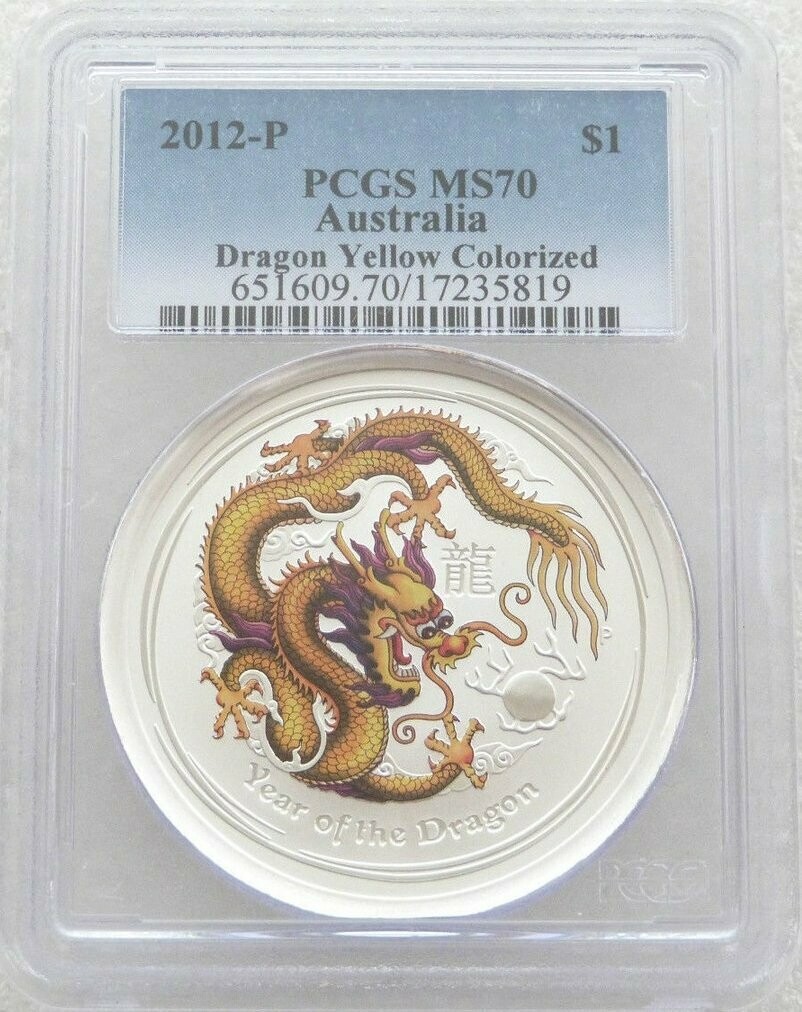2012-P Australia Lunar Dragon Yellow $1 Silver 1oz Coin PCGS MS70