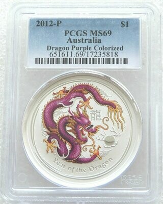 2012-P Australia Lunar Dragon Purple $1 Silver 1oz Coin PCGS MS69