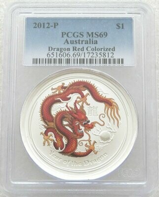2012-P Australia Lunar Dragon Red $1 Silver 1oz Coin PCGS MS69