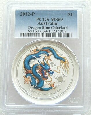 2012-P Australia Lunar Dragon Blue $1 Silver 1oz Coin PCGS MS69