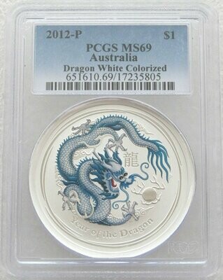 2012-P Australia Lunar Dragon White $1 Silver 1oz Coin PCGS MS69