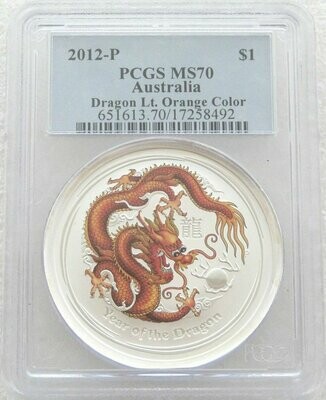 2012-P Australia Lunar Dragon Orange $1 Silver 1oz Coin PCGS MS70