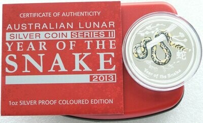 2013-P Australia Lunar Snake Colour $1 Silver Proof 1oz Coin Box Coa