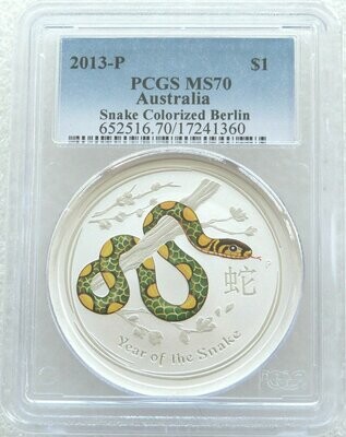 2013-P Australia Lunar Snake Berlin Green $1 Silver 1oz Coin PCGS MS70