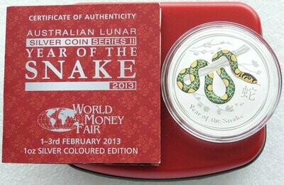 2013-P Australia Lunar Snake Berlin Green $1 Silver 1oz Coin Box Coa