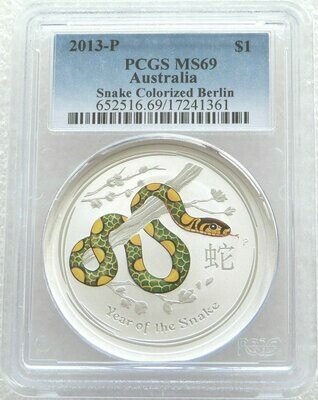 2013-P Australia Lunar Snake Berlin Green $1 Silver 1oz Coin PCGS MS69
