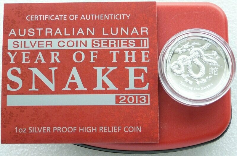 2013-P Australia Lunar Snake High Relief $1 Silver Proof 1oz Coin Box Coa