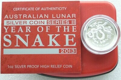 2013-P Australia Lunar Snake High Relief $1 Silver Proof 1oz Coin Box Coa