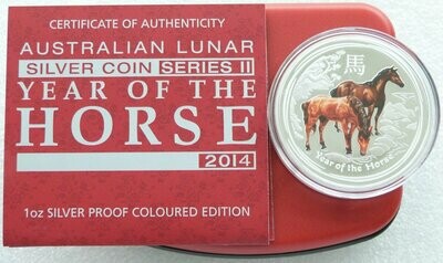 2014-P Australia Lunar Horse Colour $1 Silver Proof 1oz Coin Box Coa