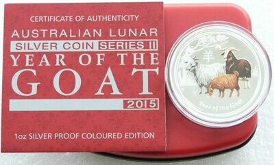 2015-P Australia Lunar Goat Colour $1 Silver Proof 1oz Coin Box Coa