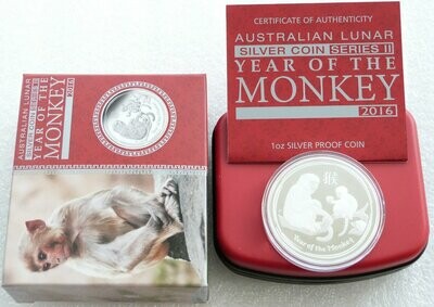2016-P Australia Lunar Monkey $1 Silver Proof 1oz Coin Box Coa