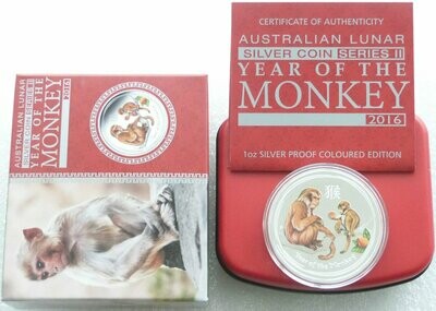 2016-P Australia Lunar Monkey Colour $1 Silver Proof 1oz Coin Box Coa