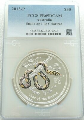 2013-P Australia Lunar Snake Colour $30 Silver Proof Kilo Coin PCGS PR69 DCAM