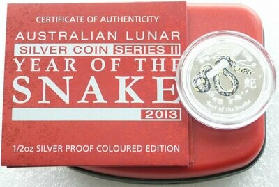 2013-P Australia Lunar Snake Colour 50c Silver Proof 1/2oz Coin Box Coa