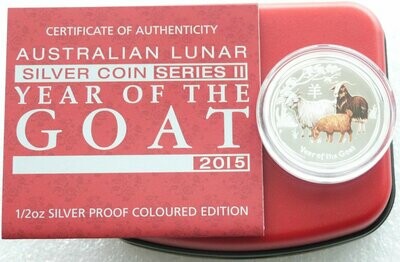 2015-P Australia Lunar Goat Colour 50c Silver Proof 1/2oz Coin Box Coa