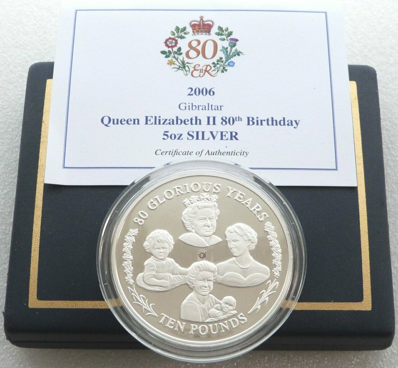 2006 Gibraltar Queens 80th Birthday £10 Silver Proof 5oz Coin Box Coa