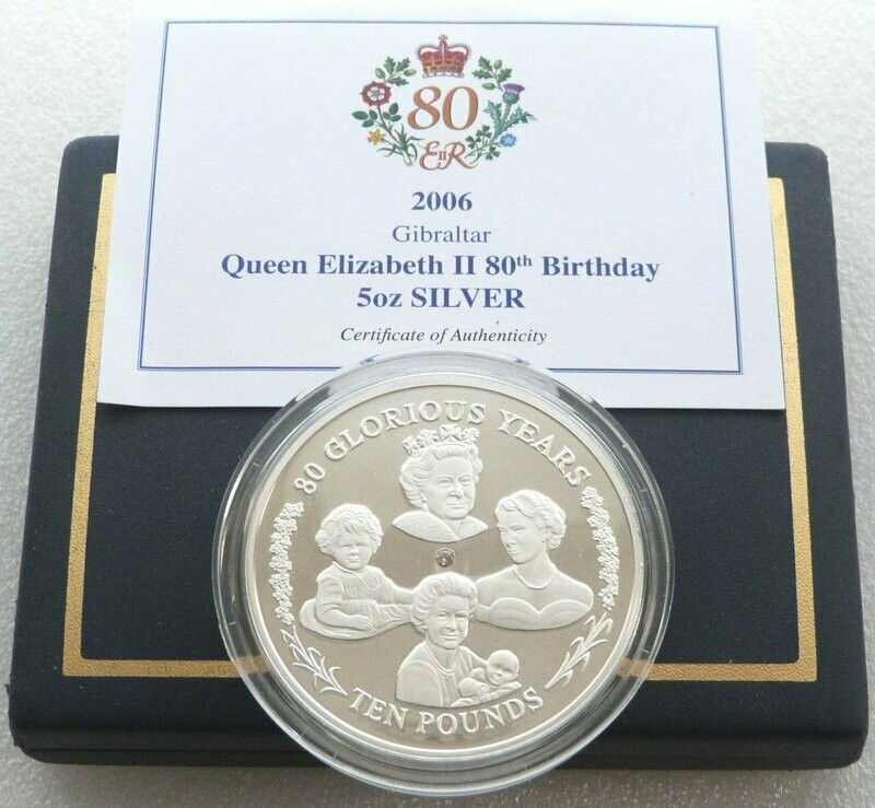 2006 Gibraltar Queen's 80th Birthday £10 Silver Proof 5oz Coin Box Coa