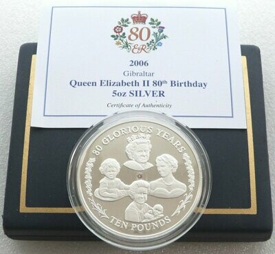 2006 Gibraltar Queens 80th Birthday £10 Silver Proof 5oz Coin Box Coa