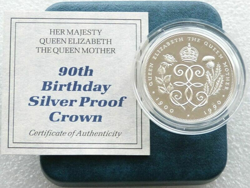 1990 Queen Mother 90th Birthday £5 Silver Proof Coin Box Coa