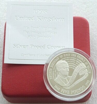1998 Prince Charles of Wales £5 Silver Proof Coin Box Coa