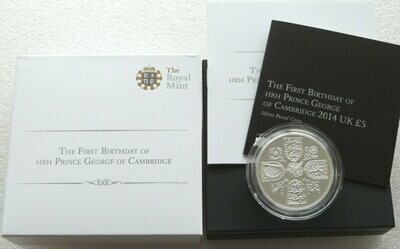 2014 Prince George Royal First Birthday £5 Silver Proof Coin Box Coa