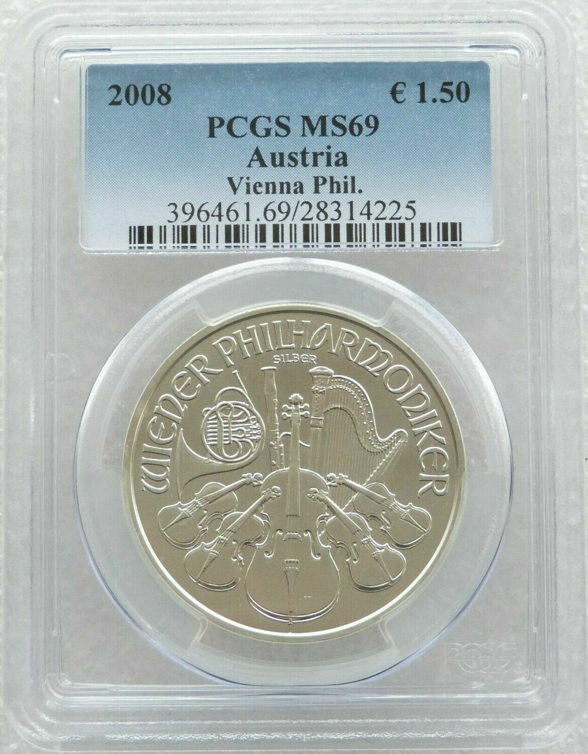 2008 Austria Vienna Philharmonic 1.5 Euro Silver 1oz Coin PCGS MS69 - First Year