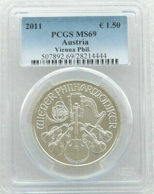 2011 Austria Vienna Philharmonic 1.5 Euro Silver 1oz Coin PCGS MS69