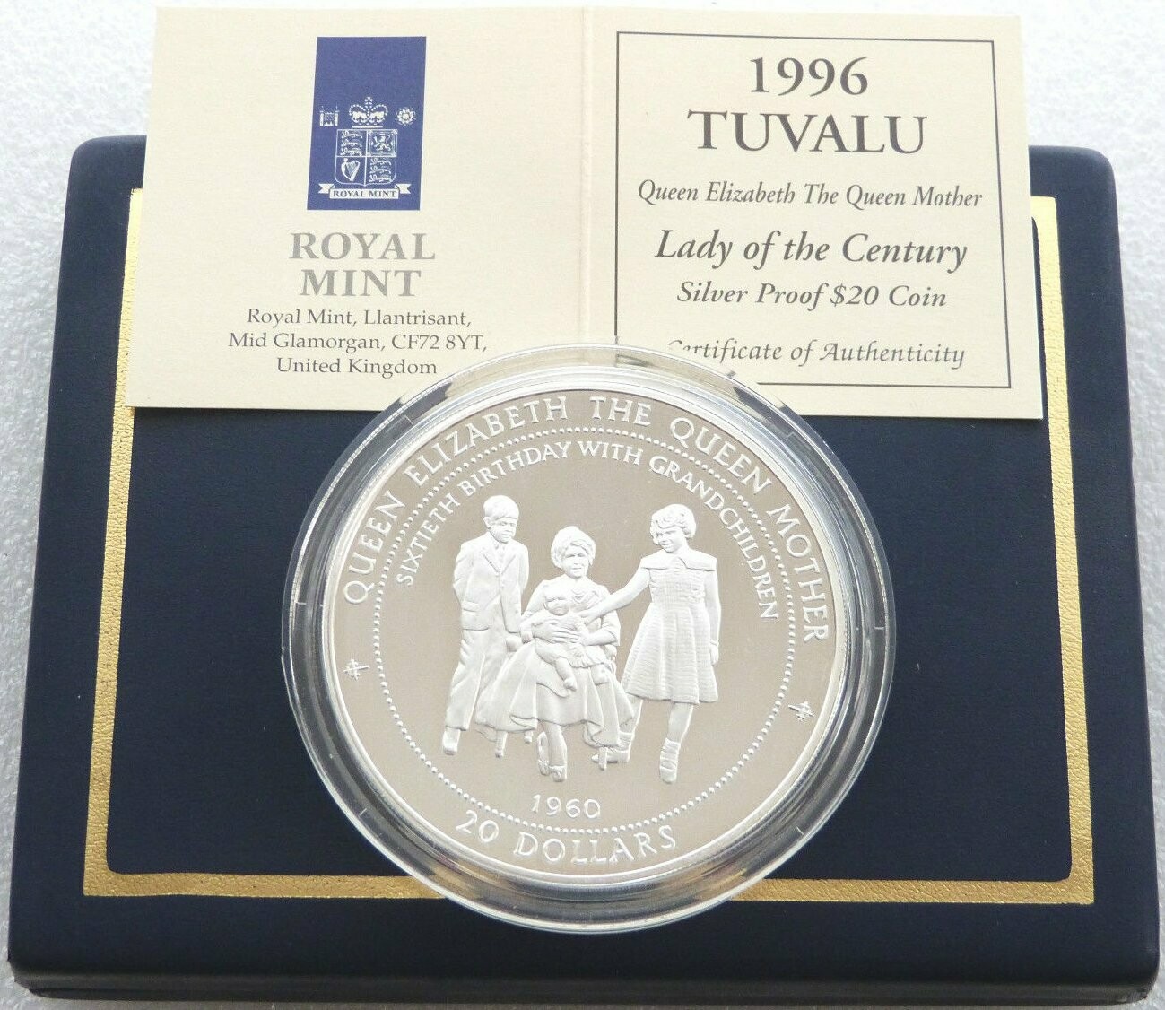 1996 Tuvalu Lady of the Century $20 Silver Proof 5oz Coin Box Coa