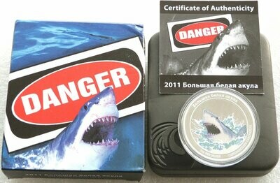 2011 Tuvalu Deadly and Dangerous Great White Shark $1 Silver Proof 1oz Coin Box Coa
