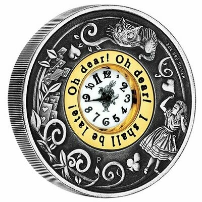 2015 Tuvalu Alice in Wonderland Clock $2 Antique Silver 2oz Coin Box Coa