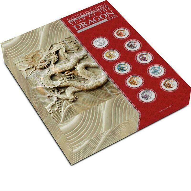 2012-P Australia Lunar Dragon Colour  $1 Silver 10 Coin Set Box Coa