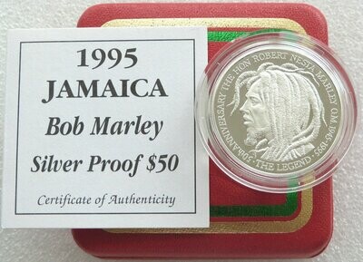 1995 Jamaica Bob Marley $50 Silver Proof Coin Box Coa