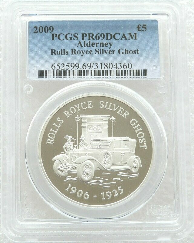 2009 Alderney British Motor Cars Rolls Royce Silver Ghost £5 Silver Proof Coin PCGS PR69