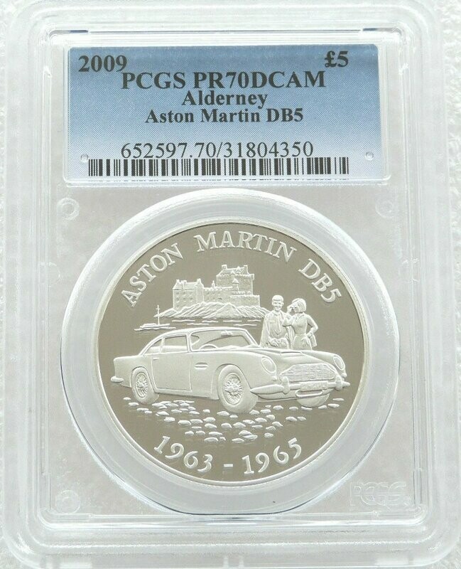 2009 Alderney Classic British Motor Cars Aston Martin DB5 £5 Silver Proof Coin PCGS PR70