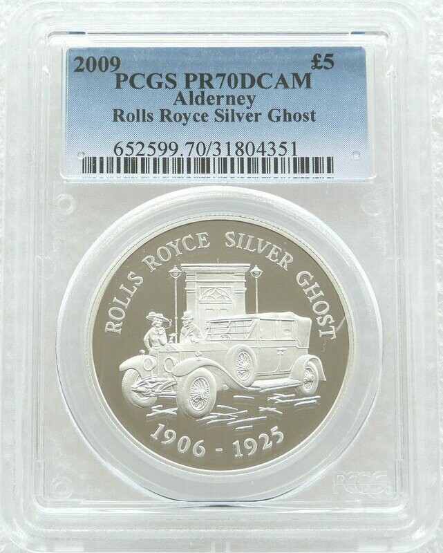 2009 Alderney Classic British Motor Cars Rolls Royce Silver Ghost £5 Silver Proof Coin PCGS PR70 DC