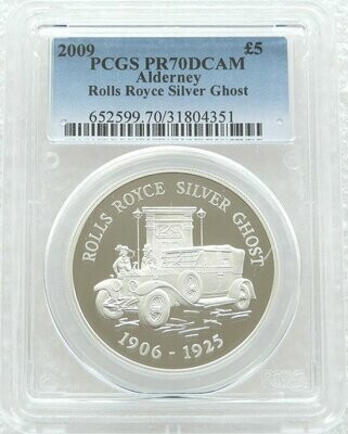 2009 Alderney Classic British Motor Cars Rolls Royce Silver Ghost £5 Silver Proof Coin PCGS PR70 DC