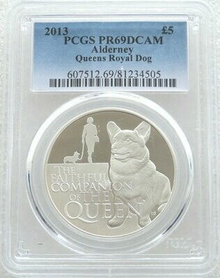 2013 Alderney Diamond Jubilee Queens Corgi £5 Silver Proof Coin PCGS PR69 DCAM