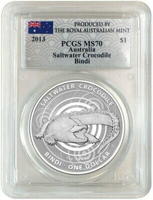 2013 Australia Saltwater Crocodile Bindi $1 Silver 1oz Coin PCGS MS70