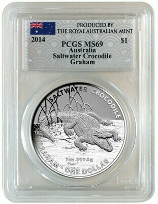 2014 Australia Saltwater Crocodile Graham $1 Silver 1oz Coin PCGS MS69