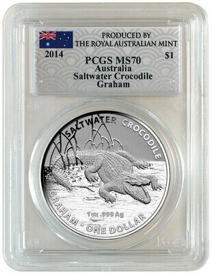 2014 Australia Saltwater Crocodile Graham $1 Silver 1oz Coin PCGS MS70