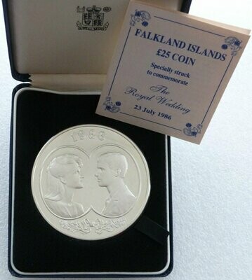 1986 Falkland Islands Royal Wedding £25 Silver Proof 5oz Coin Box Coa