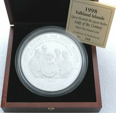 1998 Falkland Islands Lady of the Century £5 Silver Proof Kilo Coin Box Coa