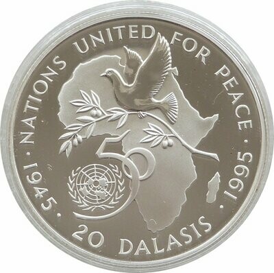 1995 Gambia United Nations 20 Dalasis Silver Proof Coin