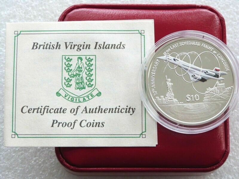 2013 British Virgin Islands Concorde 10th Anniversary $10 Silver Proof Coin Box Coa