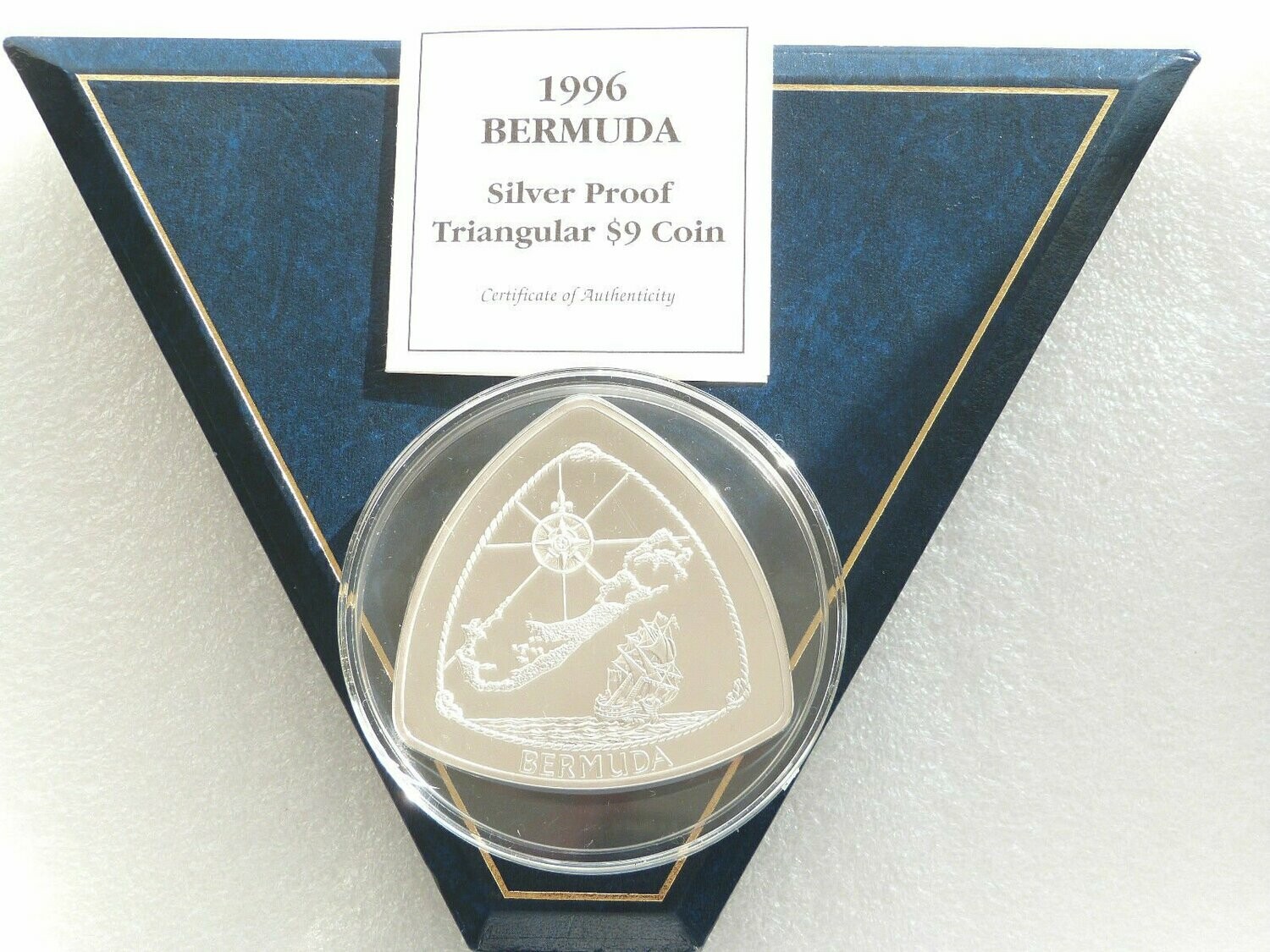 1996 Bermuda Triangular $9 Silver Proof 5oz Coin Box Coa